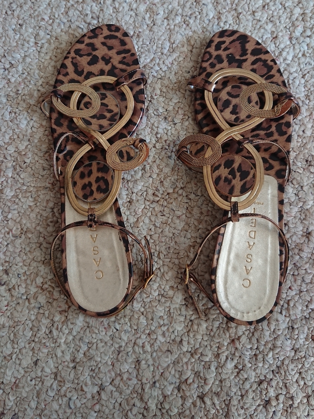 Casadei Leopard Print Gold-Accent Flat Sandals size 8